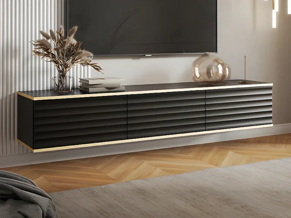 Meuble TV suspendu avec 3 portes en MDF – Noir et Doré – ALESAR