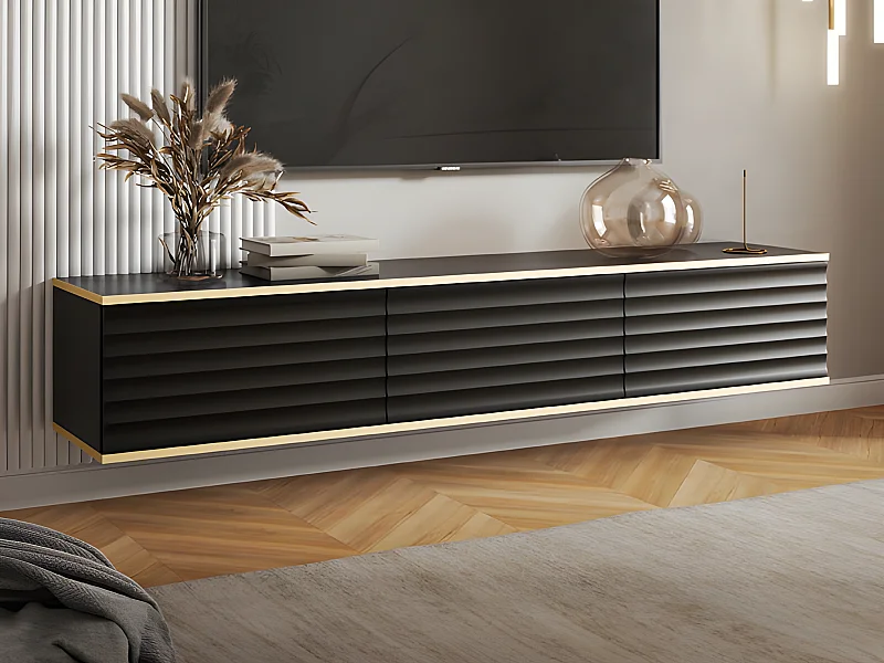 Meuble TV suspendu avec 3 portes en MDF – Noir et Doré – ALESAR