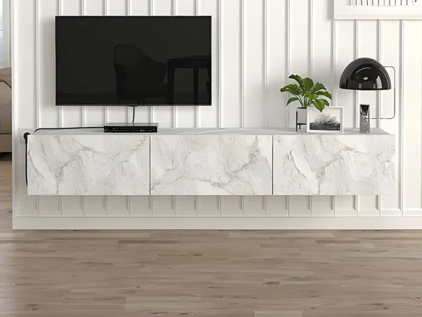 Meuble TV suspendu avec 3 portes – Effet marbre blanc – VIKILA