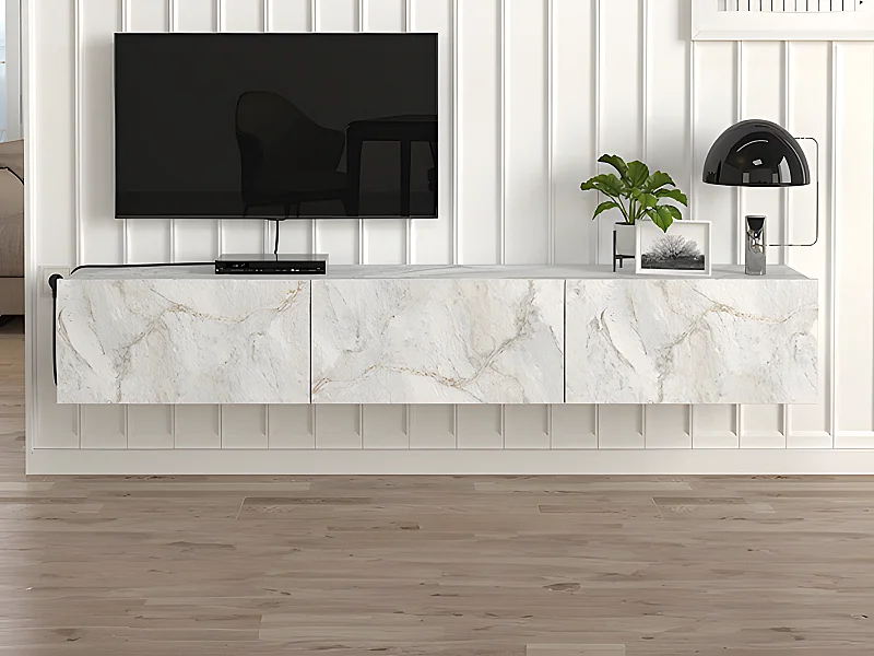 Meuble TV suspendu avec 3 portes – Effet marbre blanc – VIKILA