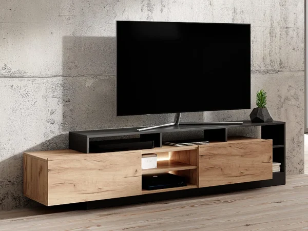 Meuble TV 2 portes et 6 niches avec LEDs – Naturel clair et Anthracite – IDESIA