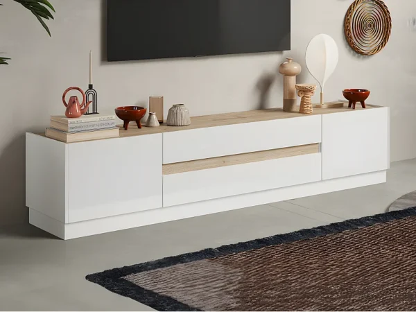 Meuble TV avec 2 portes et 2 tiroirs – Blanc et Naturel – EMORA