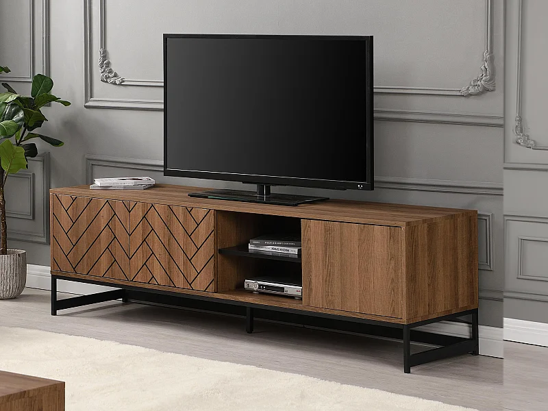 Meuble TV avec 3 portes et 2 niches – MDF – Naturel et noir – CARATANA