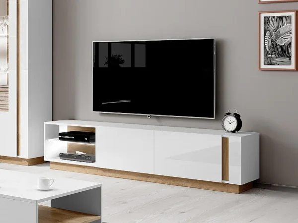 Meuble TV MURARI – 2 portes et 2 niches – Avec LEDs – Blanc brillant et chêne