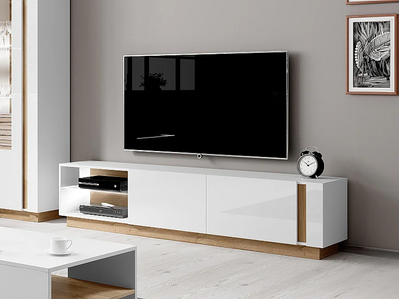 Meuble TV MURARI – 2 portes et 2 niches – Avec LEDs – Blanc brillant et chêne