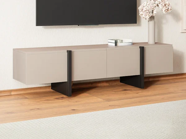 Meuble TV avec 4 portes en MDF – Beige et Noir – LUVONIA