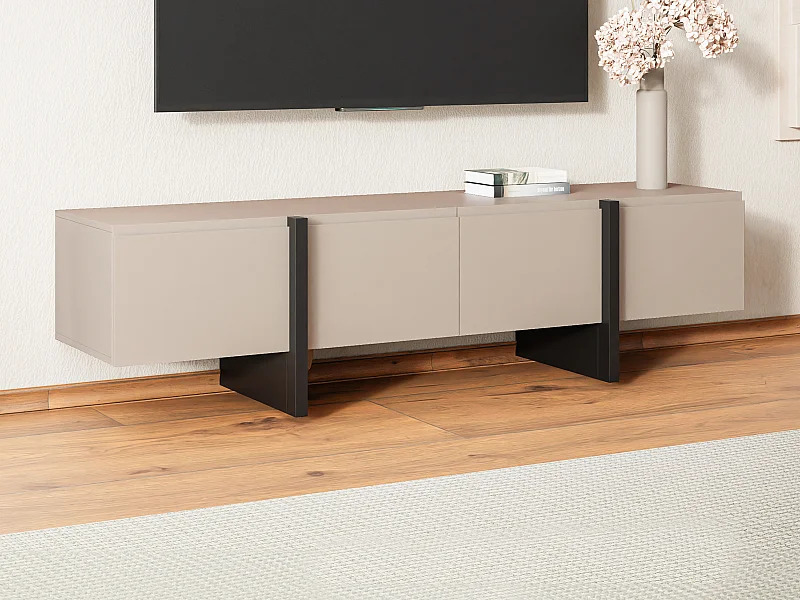 Meuble TV avec 4 portes en MDF – Beige et Noir – LUVONIA