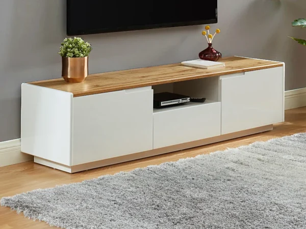 Meuble TV AMANI – 2 portes & 1 tiroir – MDF – Coloris: Blanc laqué et chêne