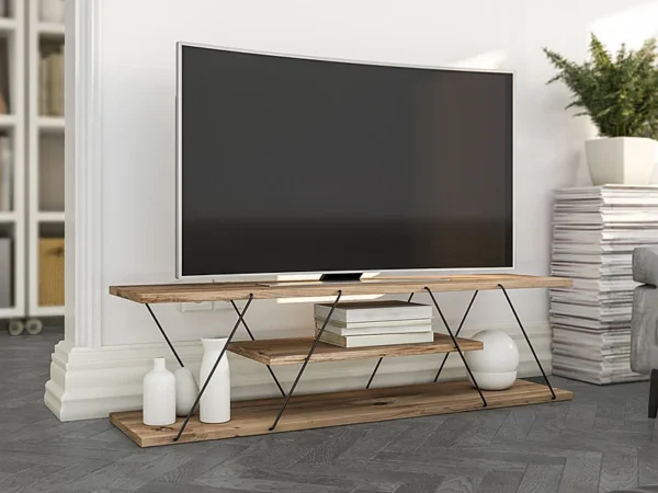 Meuble TV avec 1 étagère – Naturel et noir – DELORY