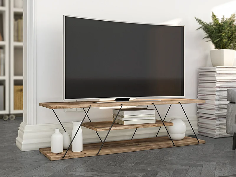 Meuble TV avec 1 étagère – Naturel et noir – DELORY