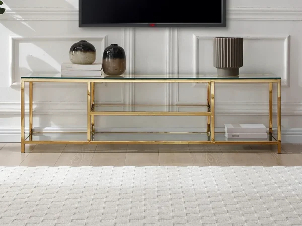 Meuble TV avec 2 étagères en verre trempé et acier inoxydable – Transparent et Doré – RIMALI