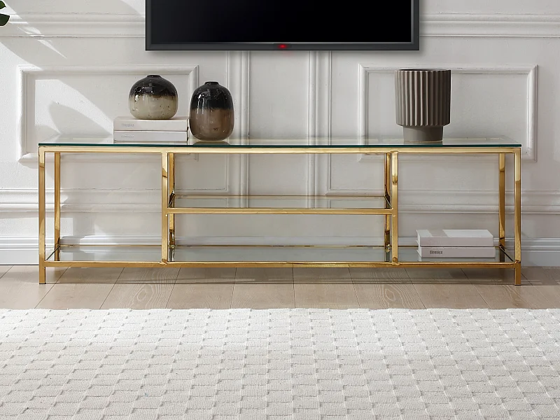Meuble TV avec 2 étagères en verre trempé et acier inoxydable – Transparent et Doré – RIMALI