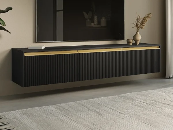 Meuble TV suspendu ou à poser avec 3 portes en MDF – Noir et doré – POSINIA
