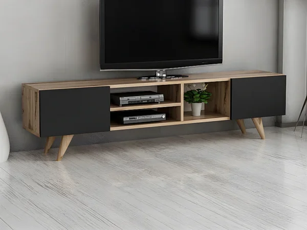 Meuble TV avec 2 portes et 3 niches – Noir et Naturel – MOSTIA