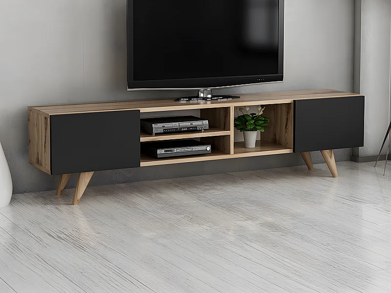 Meuble TV avec 2 portes et 3 niches – Noir et Naturel – MOSTIA