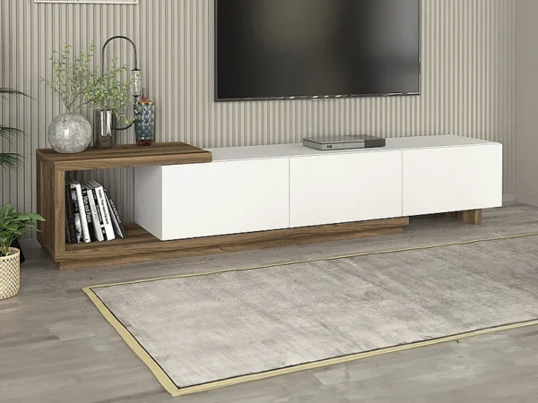 Meuble TV avec 3 tiroirs et 1 niche – Blanc et naturel – DUKIAN