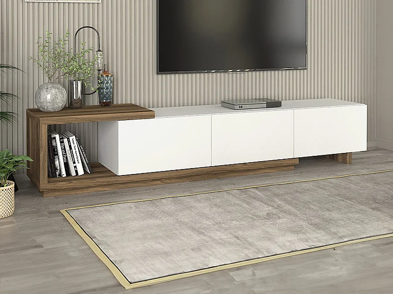 Meuble TV avec 3 tiroirs et 1 niche – Blanc et naturel – DUKIAN