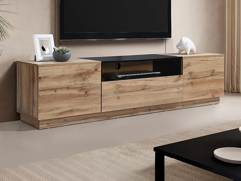 Meuble TV avec 2 portes, 1 tiroir et 1 niche – Naturel clair et Noir – CEMILINA