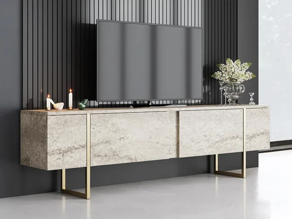 Meuble TV avec 2 portes – Effet travertin beige et doré – ZIRELDA