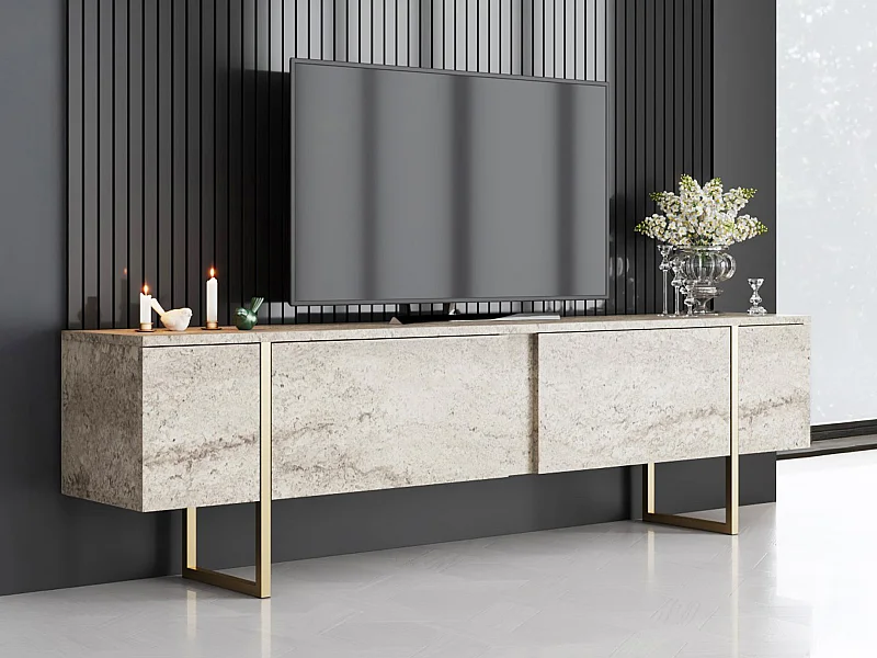 Meuble TV avec 2 portes – Effet travertin beige et doré – ZIRELDA