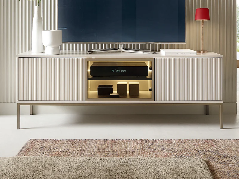 Meuble TV 3 portes avec LEDs en MDF et verre fumé – Beige et noir – OVILA
