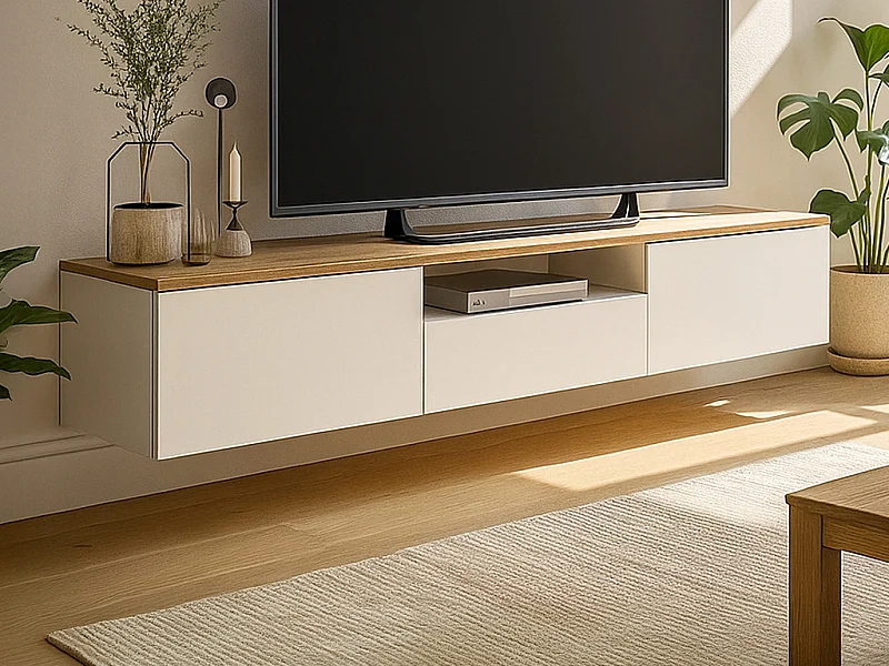Meuble TV suspendu avec 3 portes et 1 niche – Blanc et naturel – LOTULA