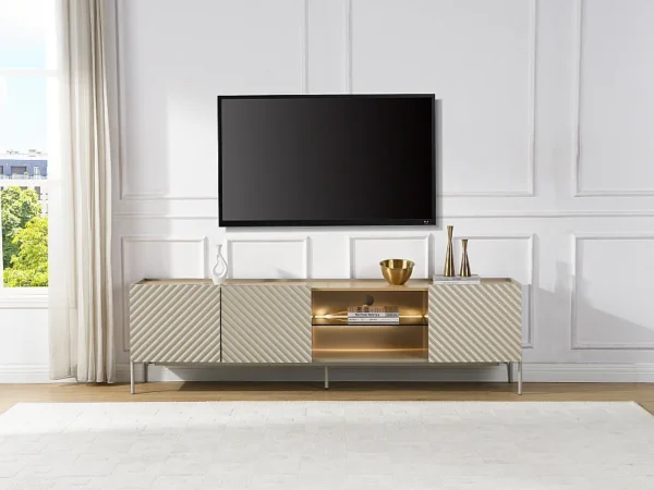 Meuble TV 3 portes et 2 niches avec LEDs en MDF et verre trempé fumé – Beige et naturel clair – TASIBA