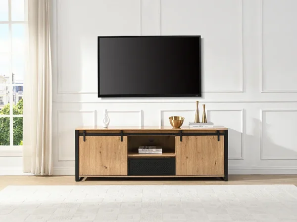 Meuble TV avec 2 portes coulissantes, 1 tiroir et 1 niche en MDF et métal noir – Naturel – BELINARO