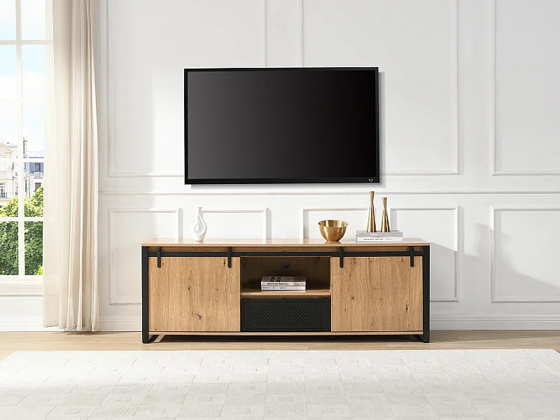 Meuble TV avec 2 portes coulissantes, 1 tiroir et 1 niche en MDF et métal noir – Naturel – BELINARO