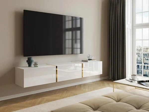 Meuble TV suspendu avec 3 portes – Blanc brillant et doré – MARZIALO