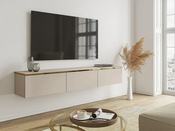 Meuble TV suspendu avec 3 portes – Beige et doré – VUKIA