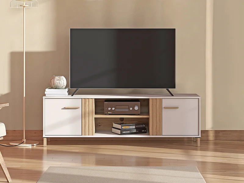 Meuble TV avec 2 portes et 2 niches – Beige et naturel – LYSANO