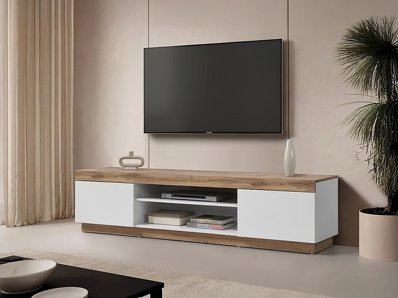 Meuble TV avec 2 portes et 2 niches – Blanc et Naturel – RENIRI
