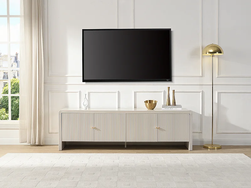 Meuble TV avec 4 portes en MDF – Beige et doré – MIRENALO