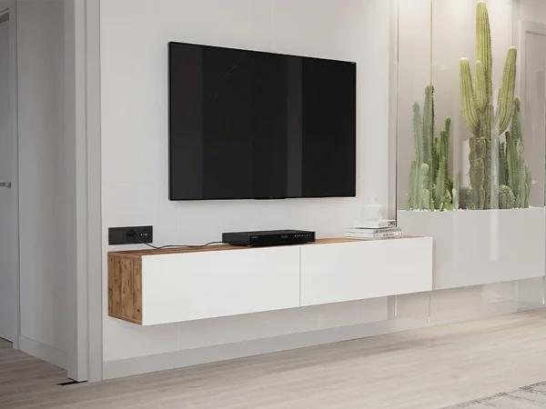 Meuble TV suspendu avec 2 portes – Blanc et naturel – AUBEPINA