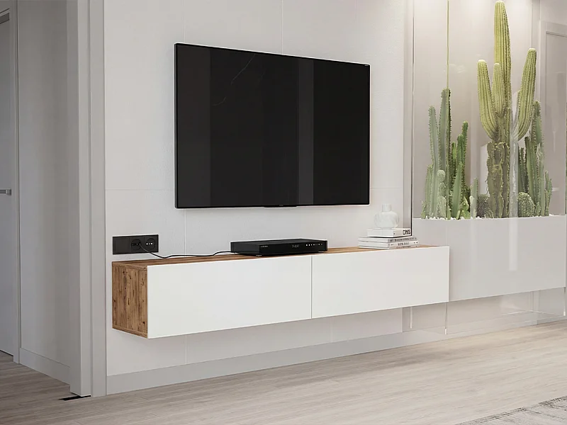 Meuble TV suspendu avec 2 portes – Blanc et naturel – AUBEPINA