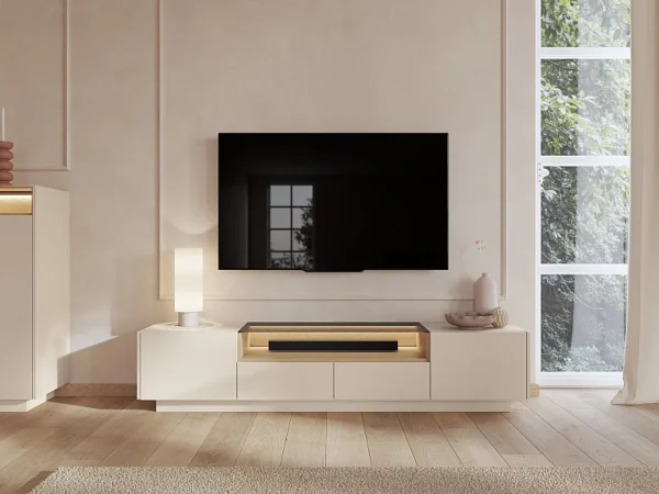Meuble TV 2 portes, 2 tiroirs et 1 niche avec LEDs – Beige et naturel clair – ALIVENTO