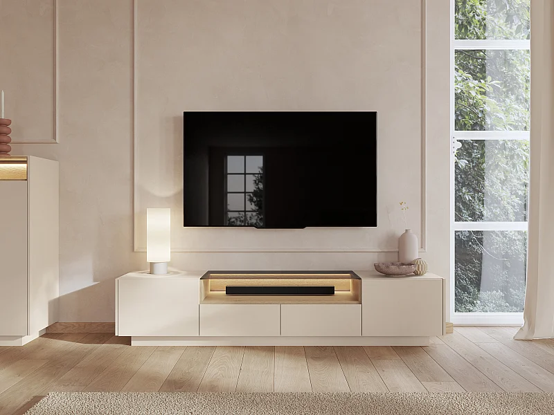 Meuble TV 2 portes, 2 tiroirs et 1 niche avec LEDs – Beige et naturel clair – ALIVENTO