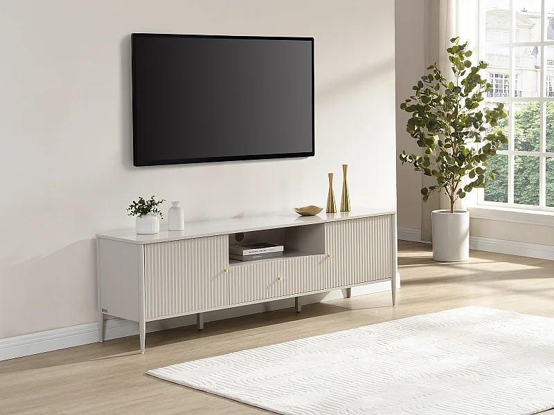 Meuble TV 2 portes, 1 tiroir et 1 niche en MDF – Beige et doré – CALITARO