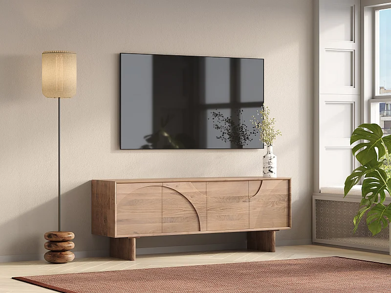 Meuble TV avec 4 portes en bois de manguier – Naturel clair – BERLAMA de Maison Céphy