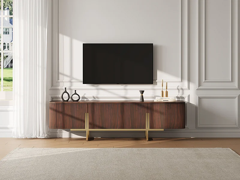 Meuble TV avec 4 portes en bois de manguier et métal doré – Naturel foncé – DOLIYA de Maison Céphy