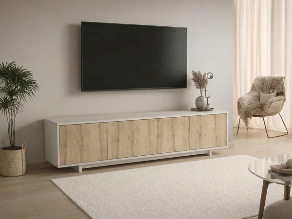 Meuble TV avec 4 portes – Naturel clair et Beige – ZEFYNA