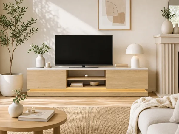 Meuble TV 2 tiroirs et 2 niches avec LEDs en MDF – Naturel clair et effet marbre blanc – DEVIKA