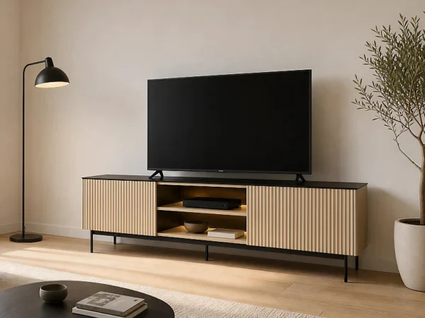 Meuble TV 2 portes et 2 niches avec LEDs en MDF et verre fumé – Naturel clair et Noir – SAYERA